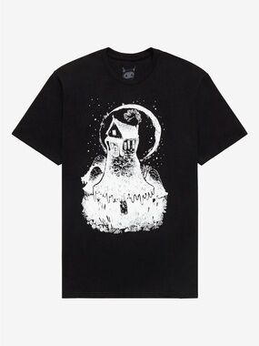 Hot Topic Black Short Sleeve Tee with White Mushroom House Graphic
